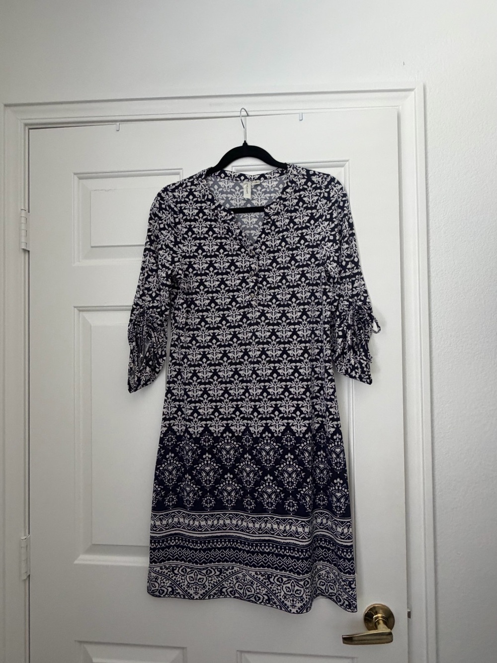 Tacera Navy and White Printed Midi Dress